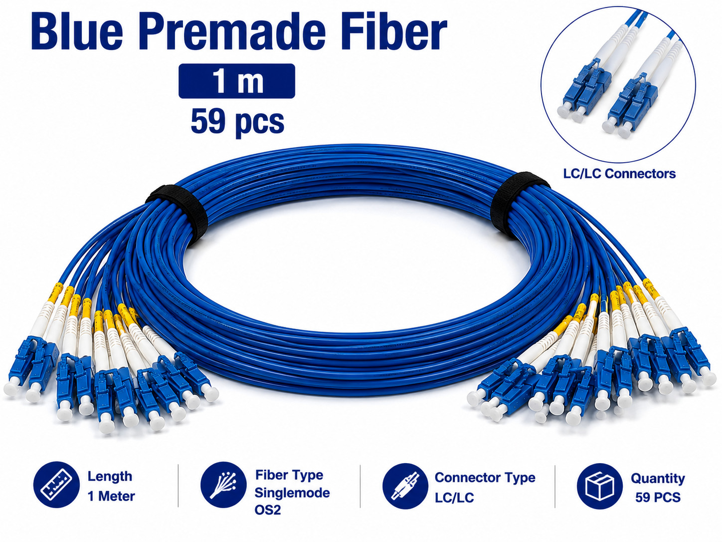Blue Premade Fiber Cable 1 Meter – Bulk Lot of 59 PCS