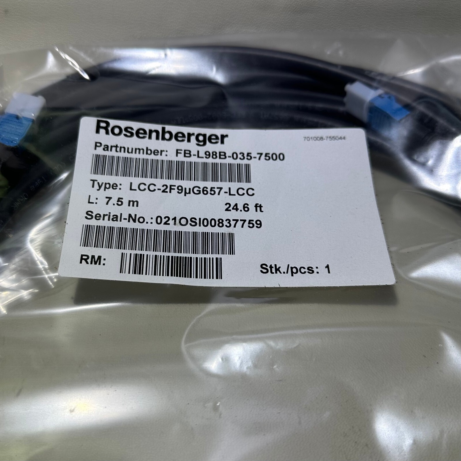 Rosenberger FB-L98B-035-7500, Fiber Jumper Cable 7.5 M 24.6′ FT LLC-2FG657-LCC