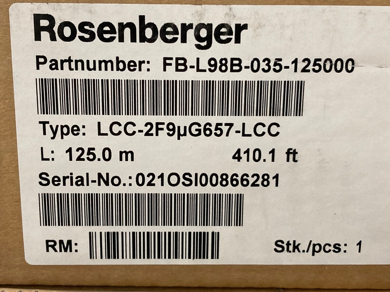 Rosenberger FB-L98B-035-125000 Fiber Optic Cable LCC-2F9uG657-LCC 125.0 m – NIB