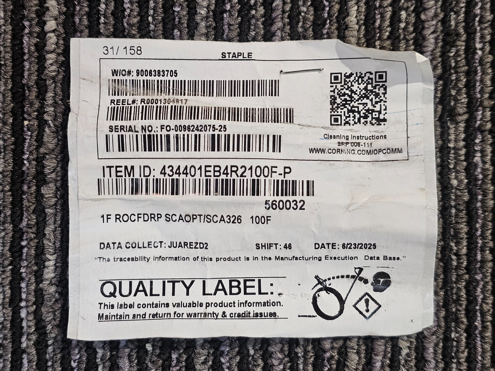100FT Corning Fiber Optic Cable 434401EB4R2100F-P Black