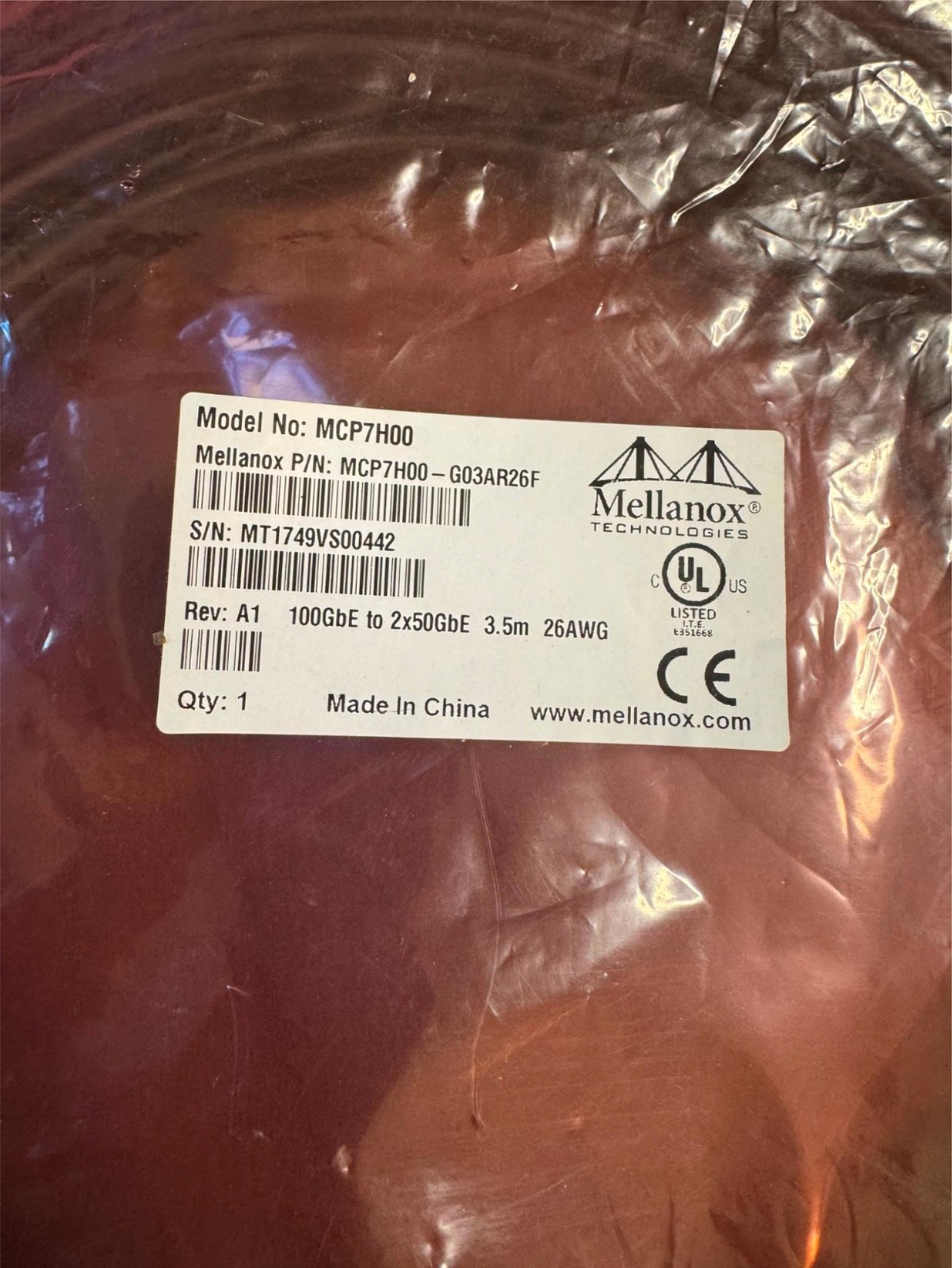 MELLANOX MCP7H00-G03AR26F HYBRID Cable ETH 100GbE TO 2X50GbE 3M 26AWG