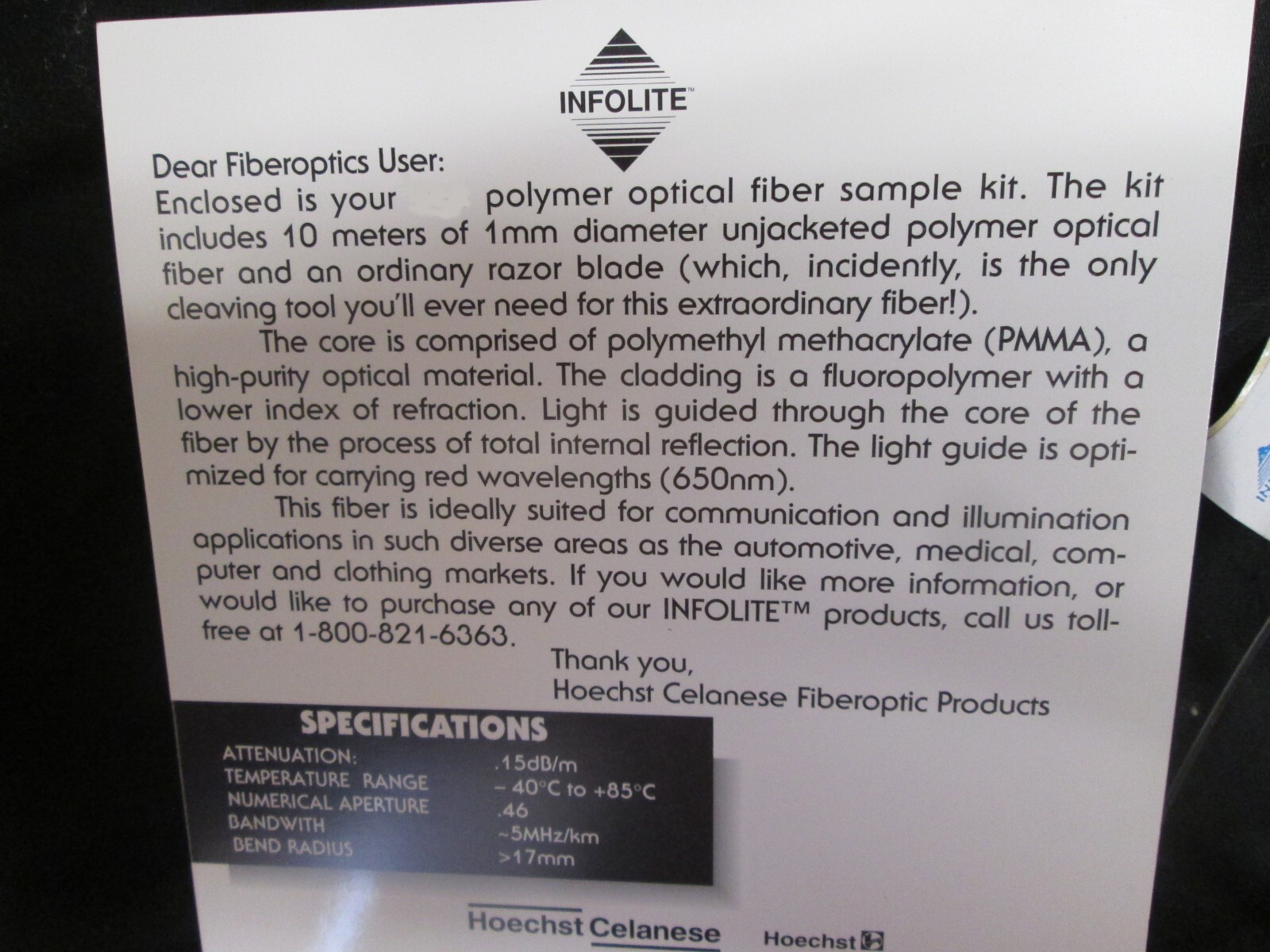 10 METERS / 32.8’ 1.0mm UNJACKETED POLYMER OPTICAL FIBER OPTICS, SINGLE STRAND