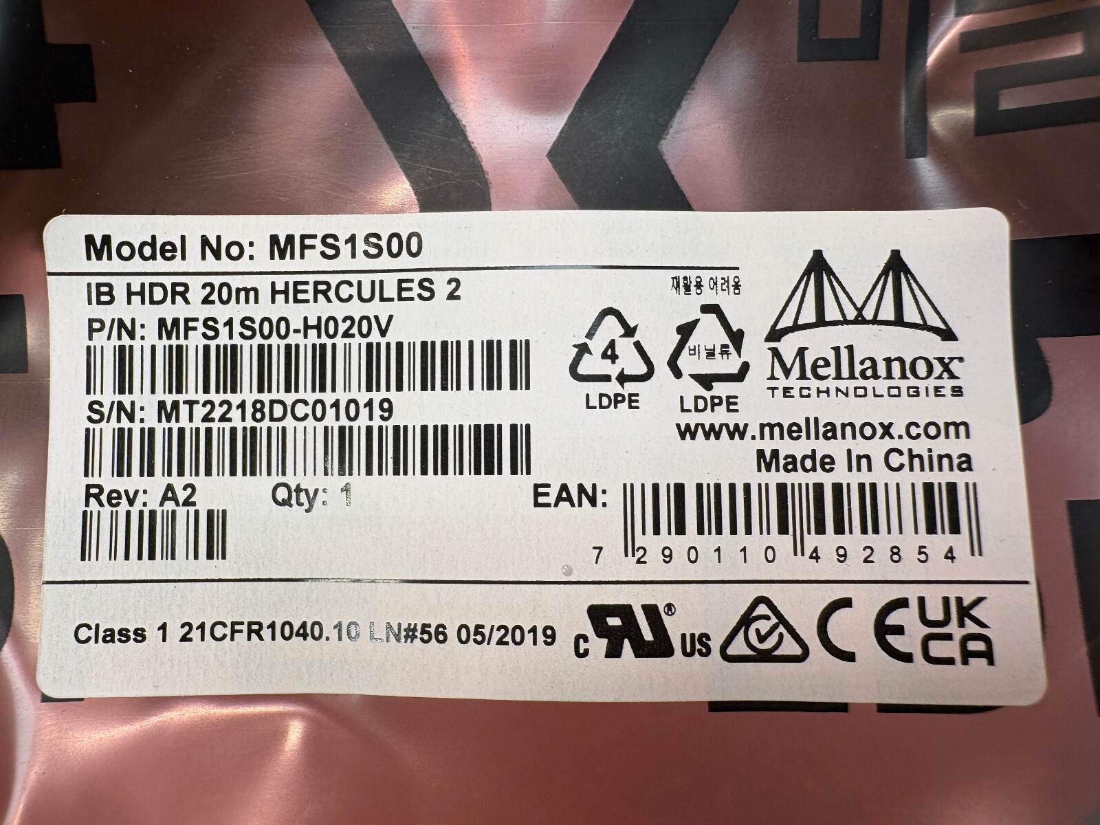 New (Sealed) | Mellanox MFS1S00-H020V / MFS1S00 QSFP56 Fiber Optic Network Cable