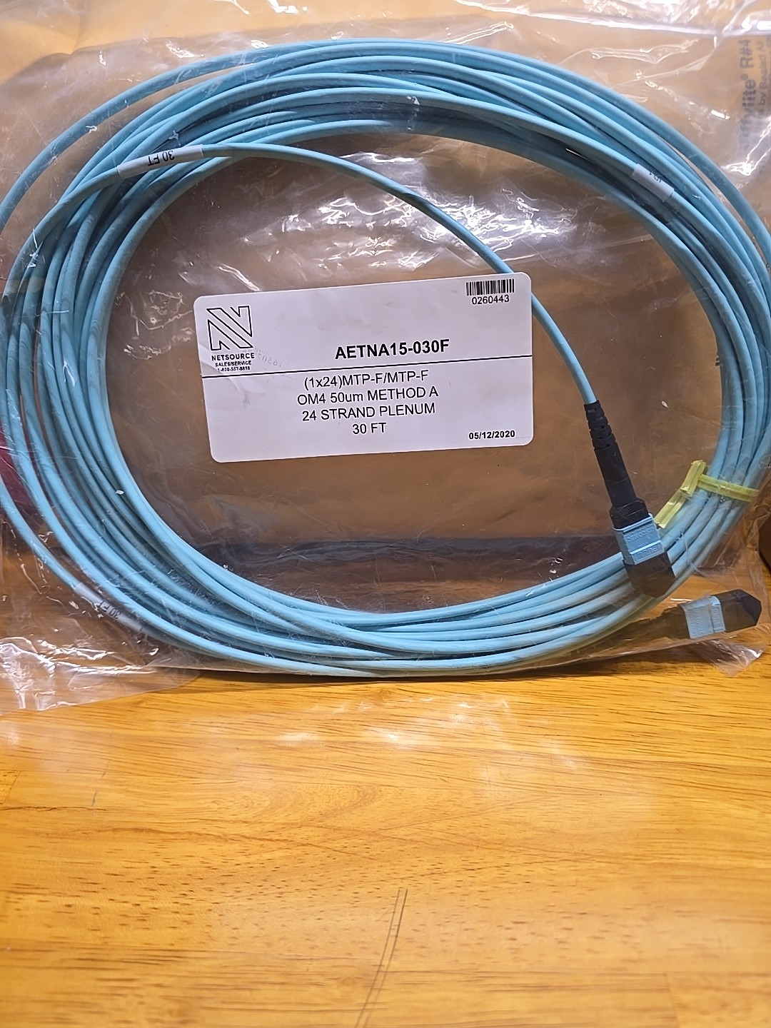 30ft OM4 MTP/MPO Premium Fiber Cable 24F OFNP Plenum Aqua (1×24)