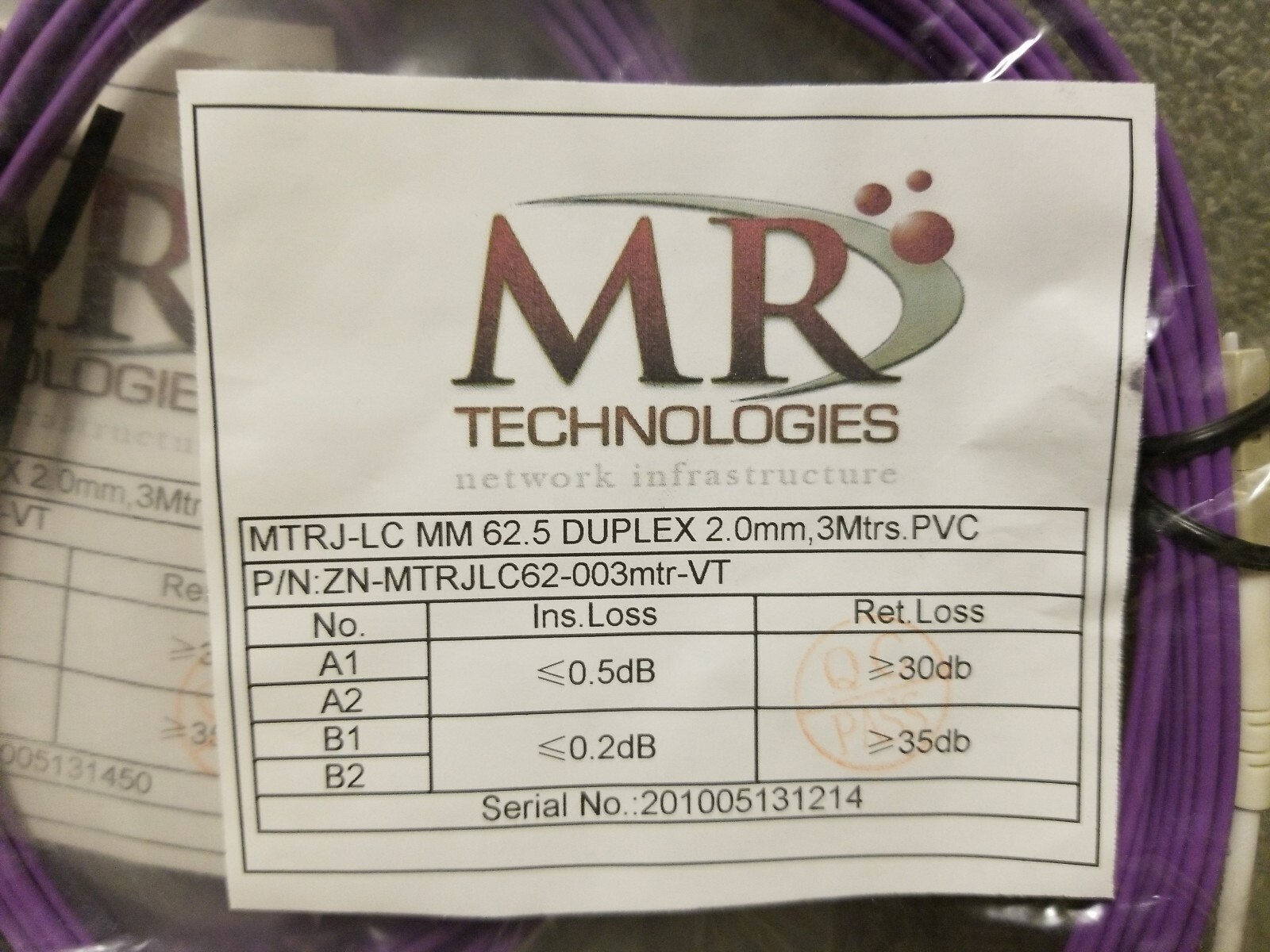 Fiber Optic MTRJ-LC MM 62.5 DUPLEX 2.0mm, 3Mtrs.PVC P/N: ZN-MTRJLC62-003mtr-VT
