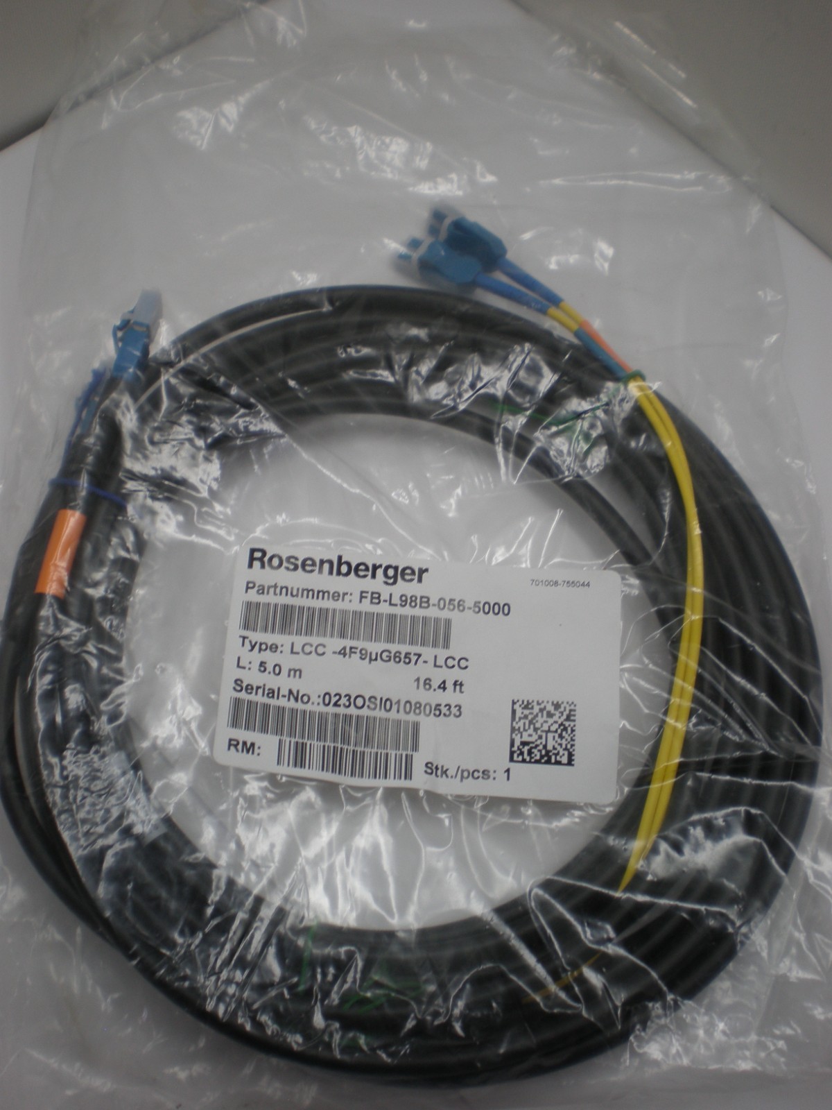 Rosenberger FB-L98B-056-5000, Fiber Jumper Cable 5M 16.4′ FT LLC-4F9μG657-LCC
