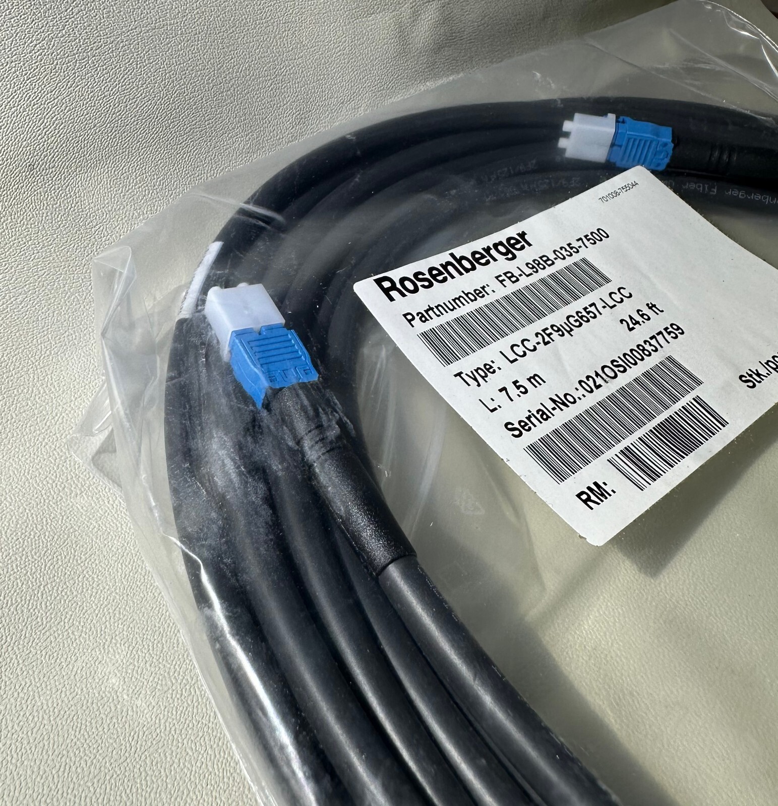 Rosenberger FB-L98B-035-7500, Fiber Jumper Cable 7.5 M 24.6′ FT LLC-2FG657-LCC