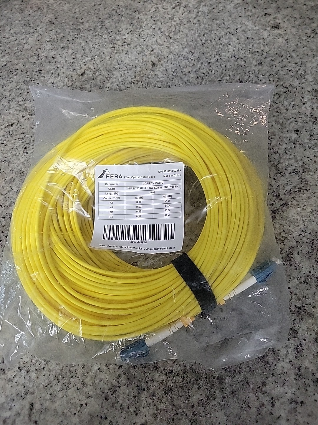 AFERA 40M LC/UPC-LC/UPC Fiber Optic Patch Cord SM 9/125 G652D LSZH Yellow Cable