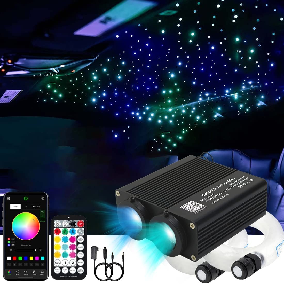 Dual Color 32W Fiber Optic Starlight Kit – 600pcs 0.03in 9.8ft Strands, Sound-Ac