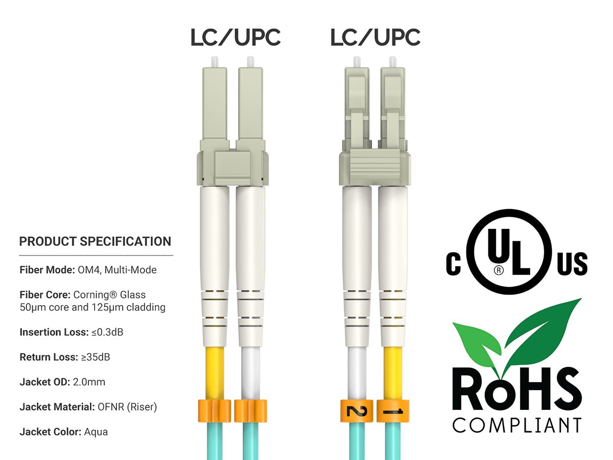 30m OM4 LC to LC UPC Duplex Corning Fiber Optic Cable Multimode 50/125 LSZH/O…
