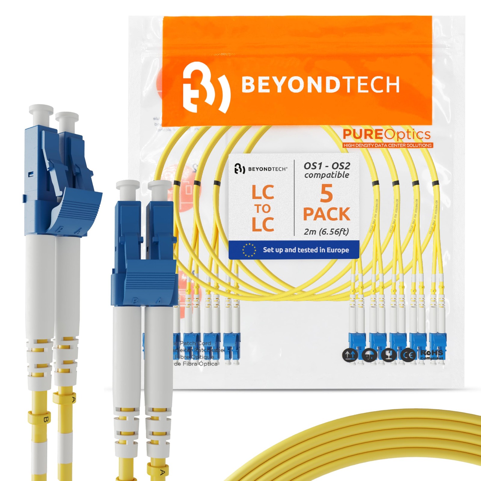 BEYONDTECH 2m LC to LC Fiber Patch Cable 5 Pack – Single-Mode Duplex
