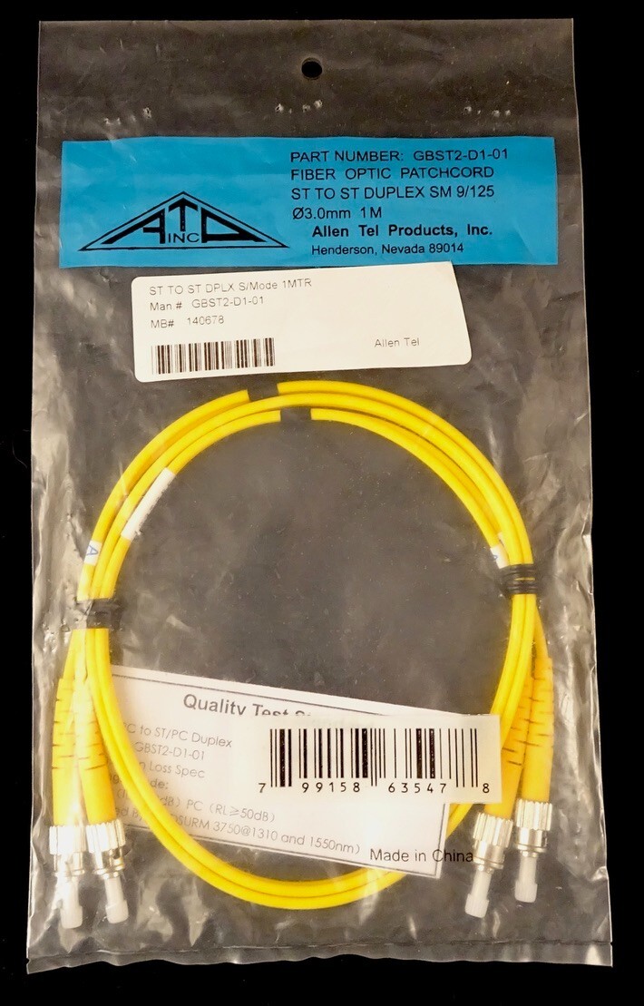 Allen Tel GBST2-D1-01 Duplex ST to ST Fiber Optic Patch Cord, Singlemode 1m, New