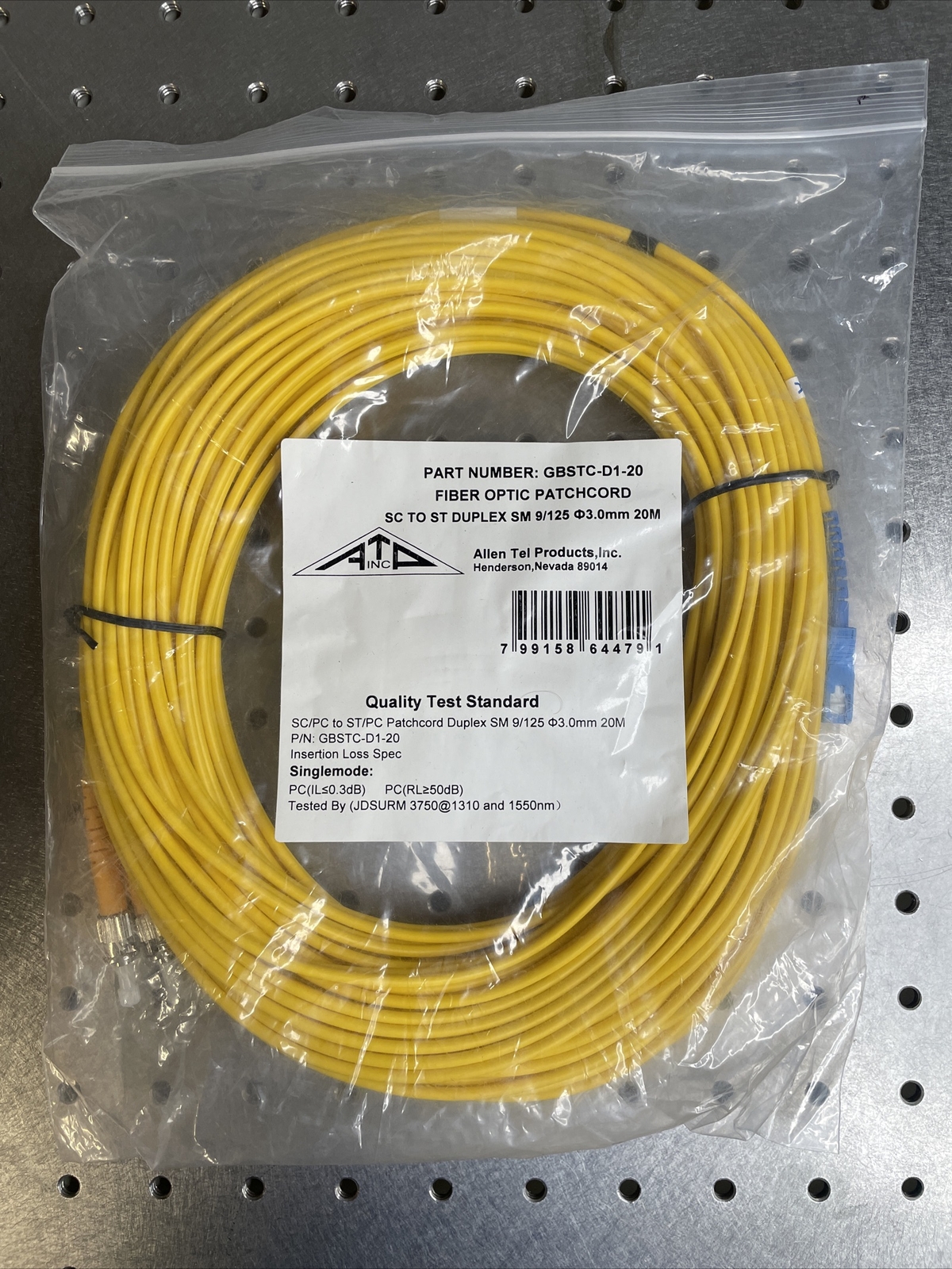 Allen Tel GBSTC-D1-20 Duplex ST to SC Fiber Optic Patch Cord, Singlemode, 20 M