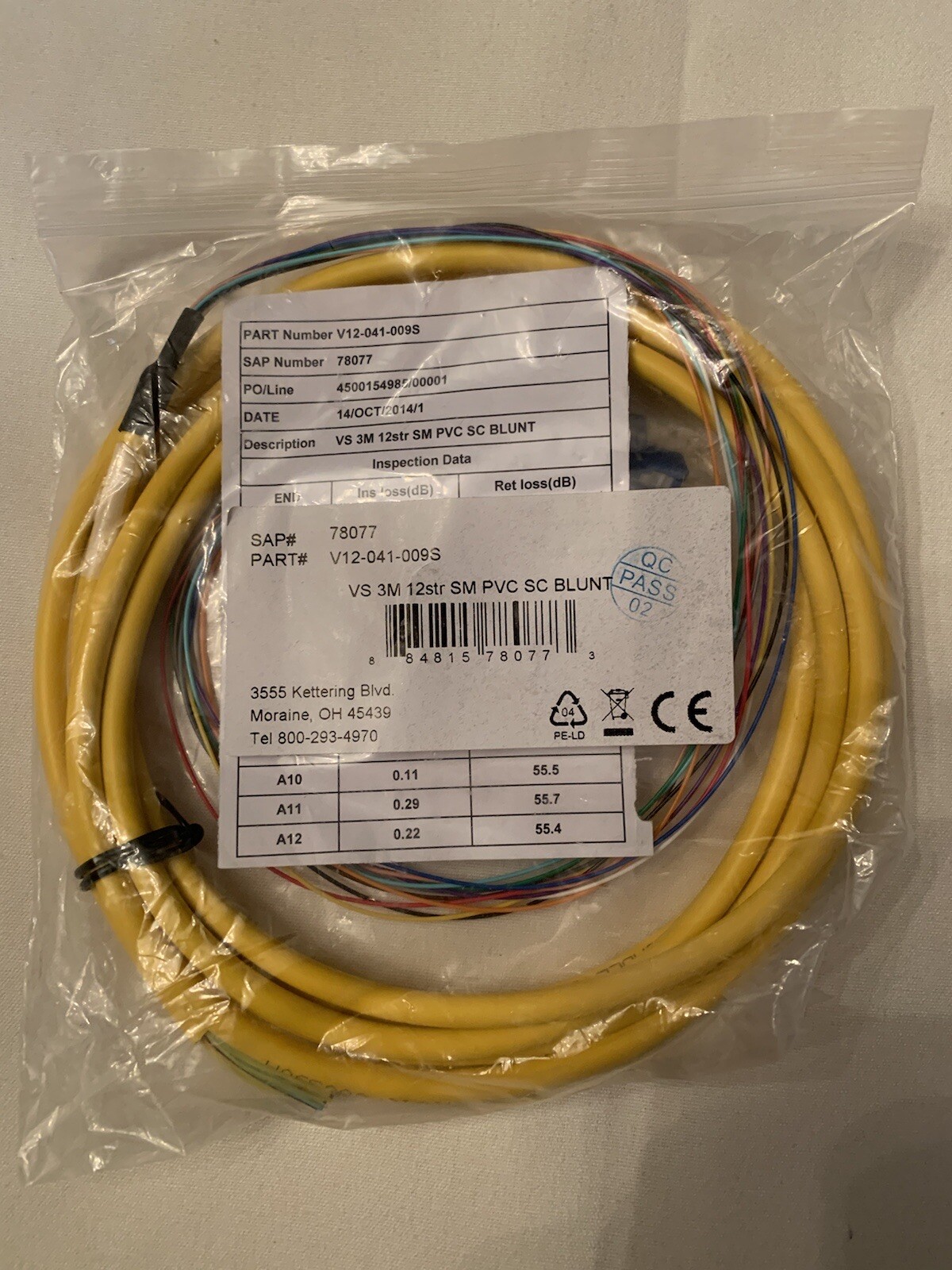 Quiktron 12 Strand Single Mode 9/125 Fiber Optic Pigtail 3m SC Blunt