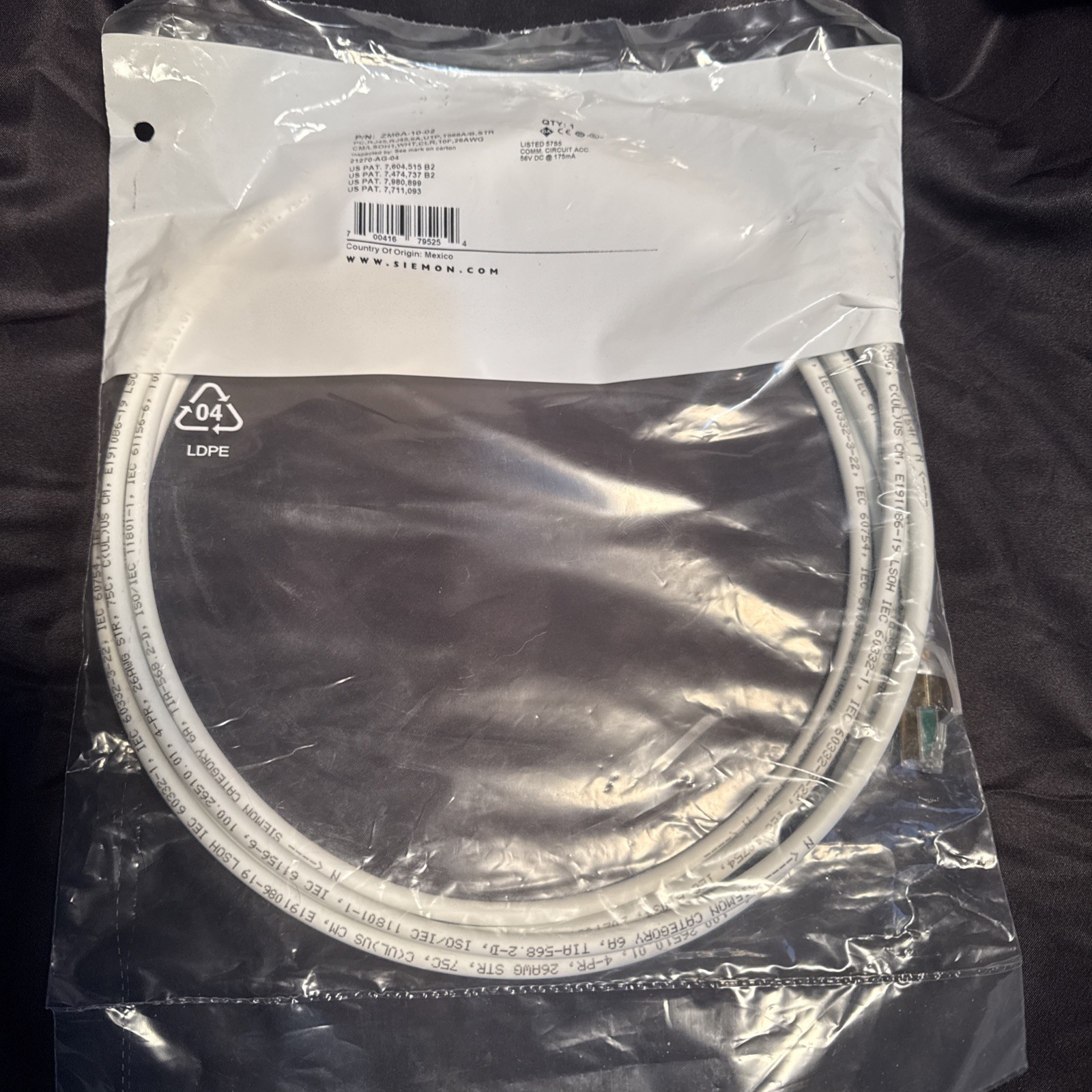 Siemon Z-MAX Category 6A Ethernet Patch Cord RJ45 10ft White UTP P/N: ZM6A-10-02