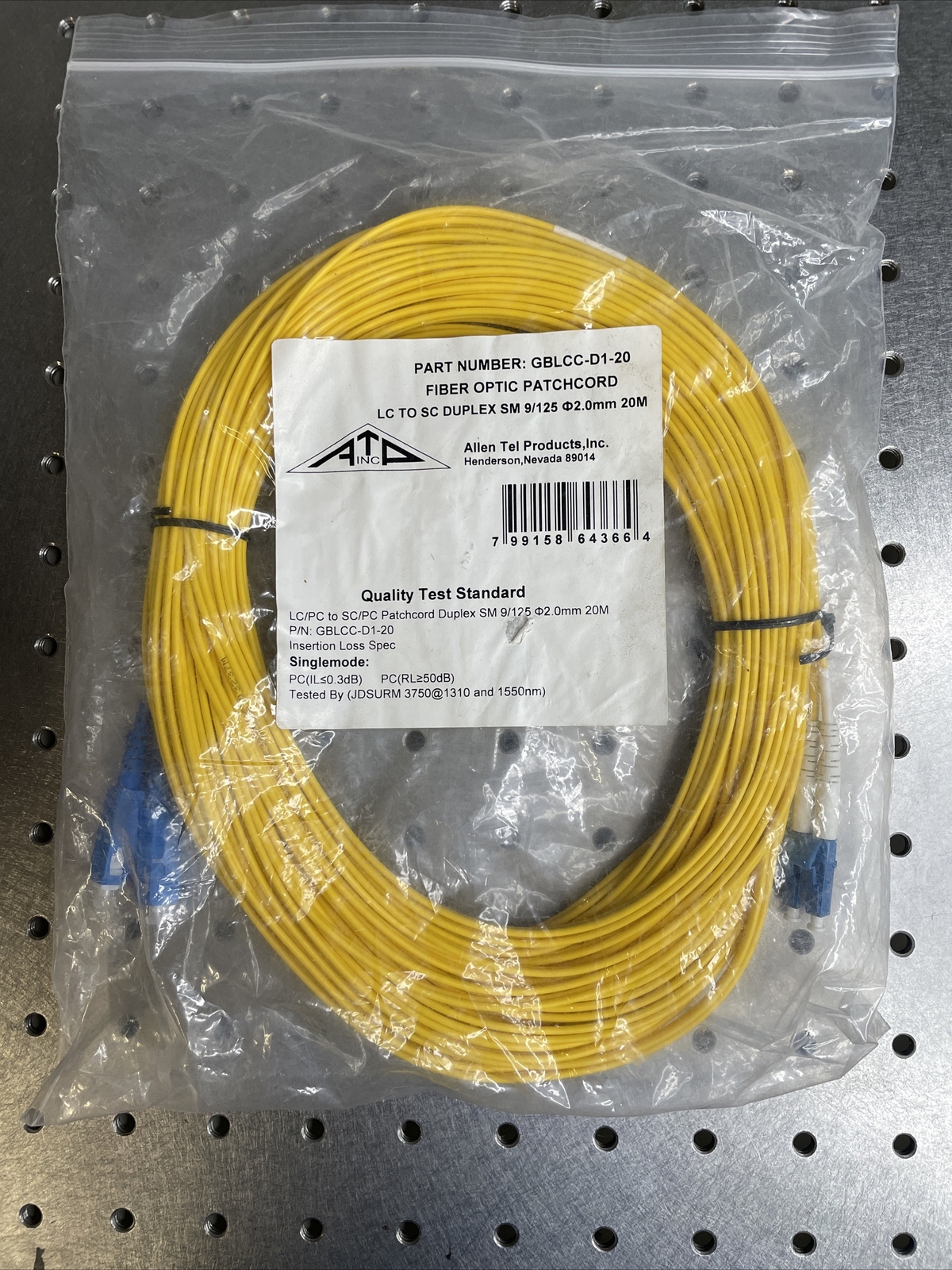 Allen Tel GBLCC-D1-20 Singlemode Duplex LC to SC Fiber Optic Patch Cord, 20 M