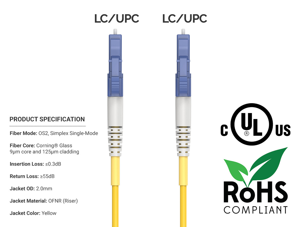 20m OS2 LC to LC UPC Simplex Corning Fiber Optic Cable SingleMode 9/125 OFNR …