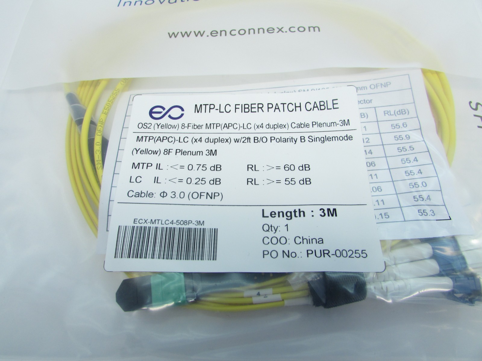 New OS2 8 Fiber MTP(APC)-LC x4 Duplex Cable Plenum Yellow 3M Polarity B