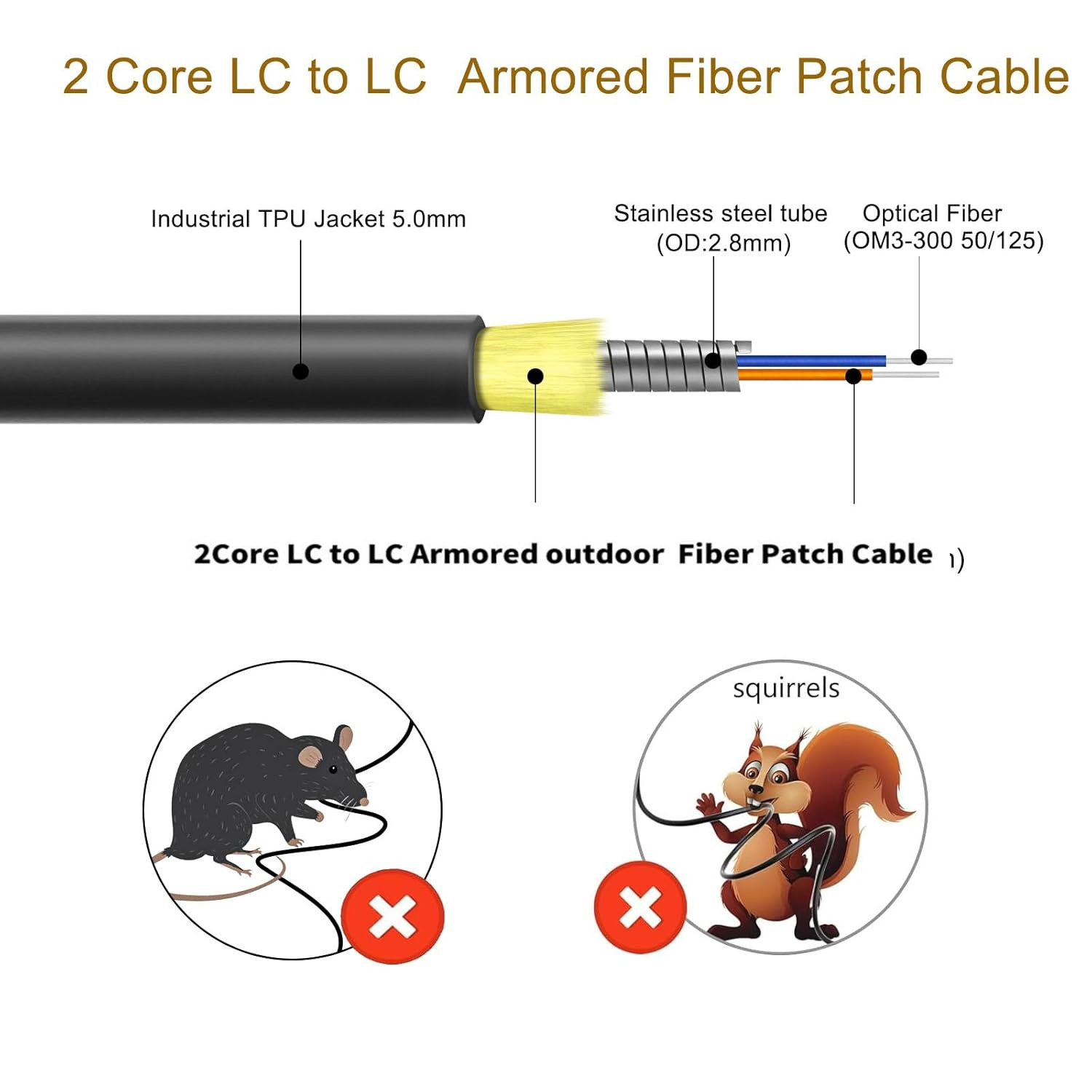 Outdoor Armored OM3 LC to LC Fiber Patch Cable, 250M, 40Gb/10Gb, Duplex