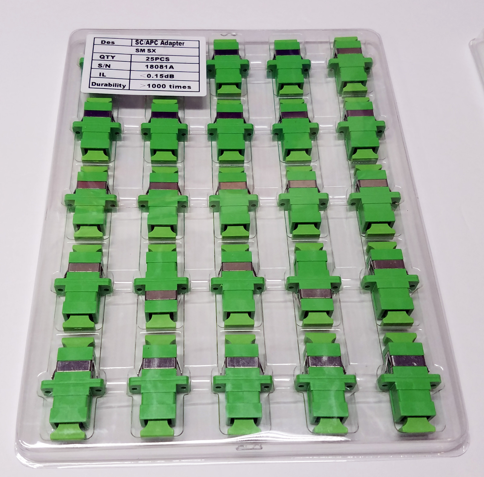 25 Piece Sheet SC/APC Simplex Singlemode (Green) Adapters, Ceramic Sleeves
