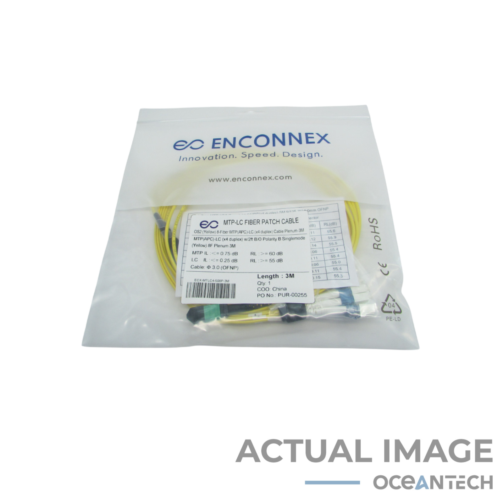 New OS2 8 Fiber MTP(APC)-LC x4 Duplex Cable Plenum Yellow 3M Polarity B