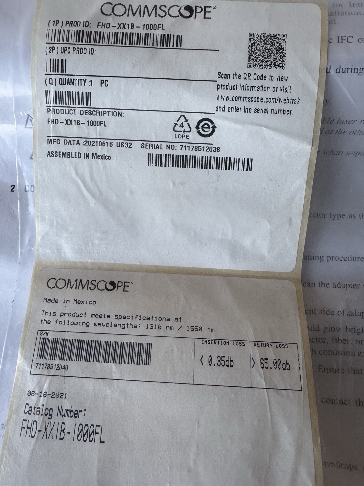 1000 FT Commscope optical cable os2 sm. FHD XX1B 1000FL new in open box
