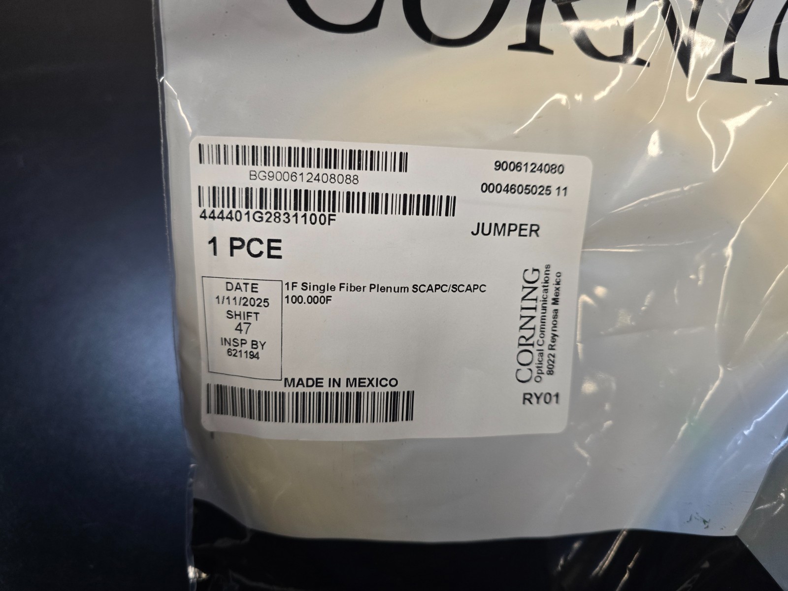 Corning Fiber Patch Cable 100FT Singlemode Plenum SC/APC-SC/APC 444401G2831100F