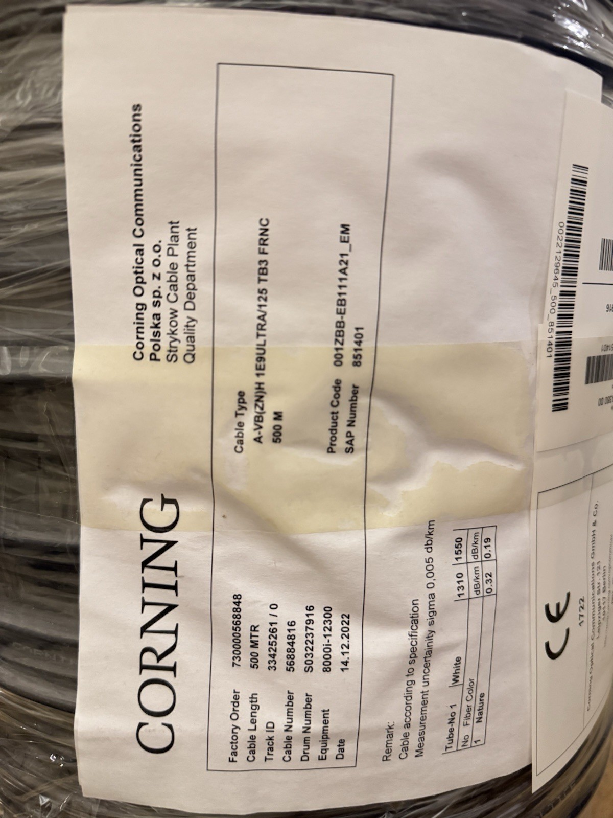 NEW Corning Singlemode Fiber Optic Cable OS2 500m 1640ft Black Indoor/Outdoor