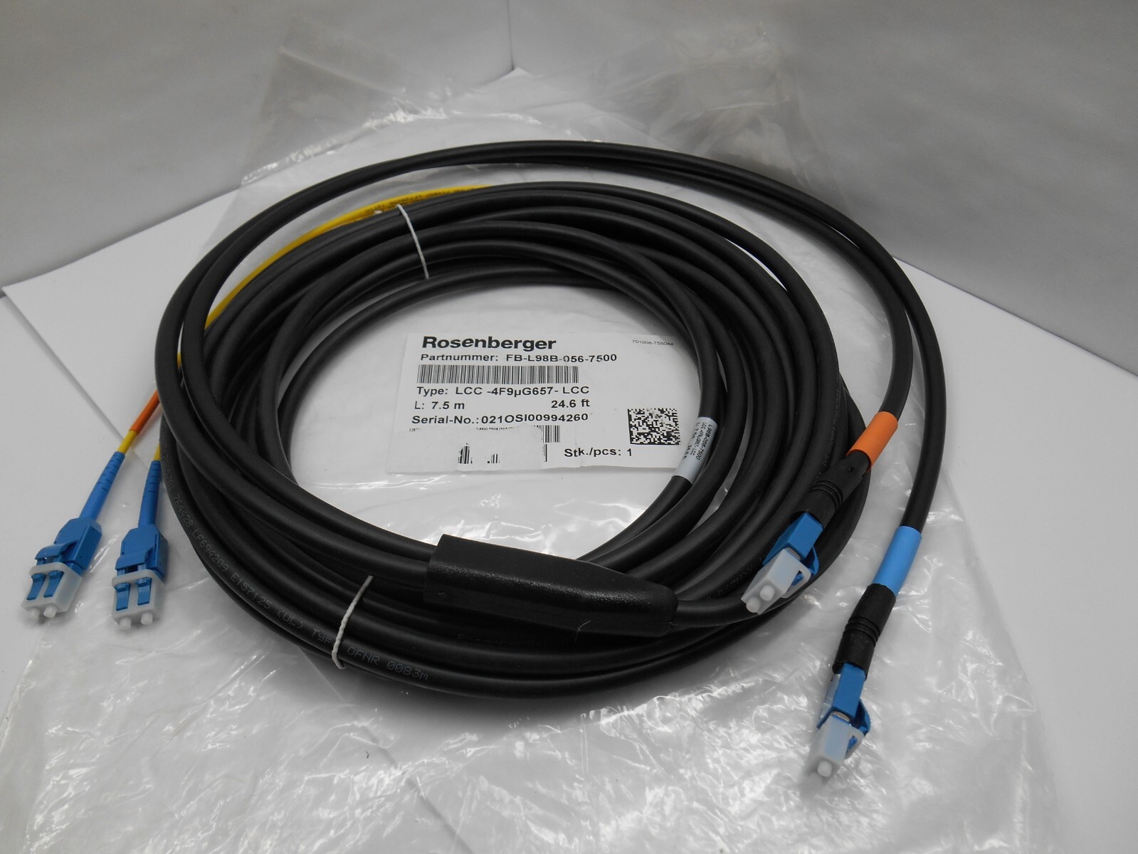 Rosenberger FB-L98B-056-7500, Fiber Jumper Cable 7.5 M 24.6′ FT LLC-2F9μG657-LCC