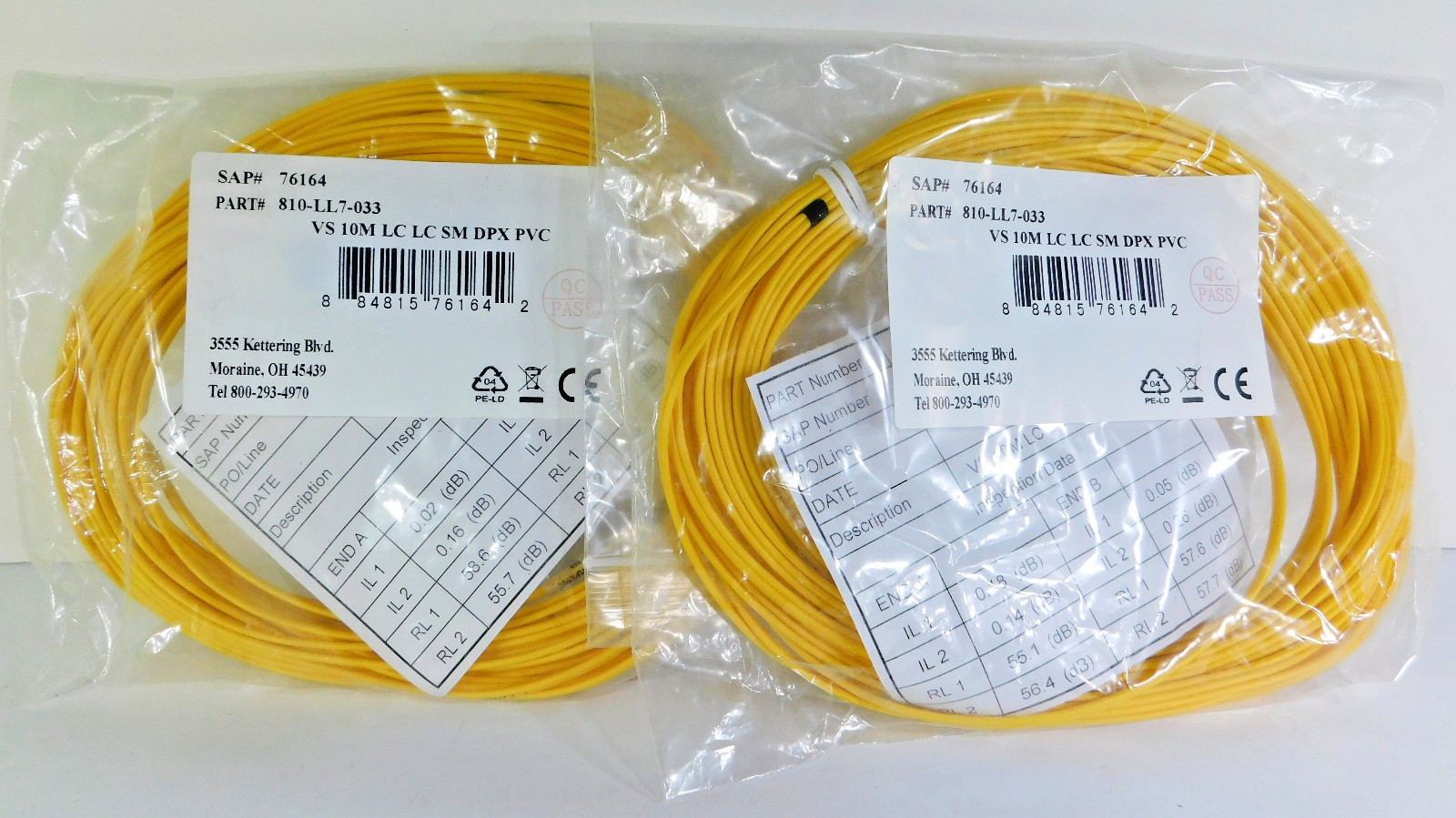 2 each Quiktron 810-LL7-033 VS 10M LC LC SM DPX PVC Yellow Fiber Optic Cables