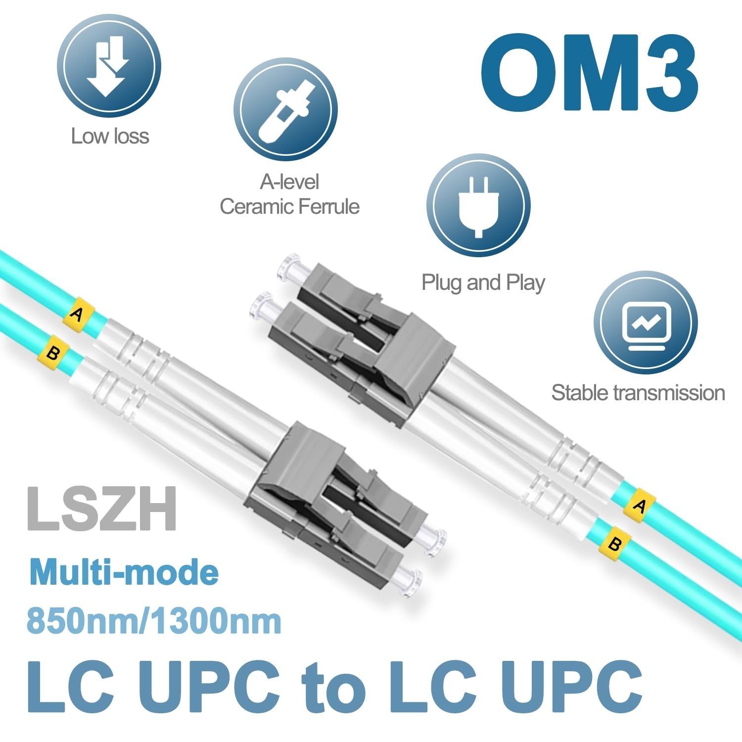 5Pcs 5M LC UPC Duplex Fiber Optic Patch Cord Jumper OM3 50/125μm 850nm/1300nm