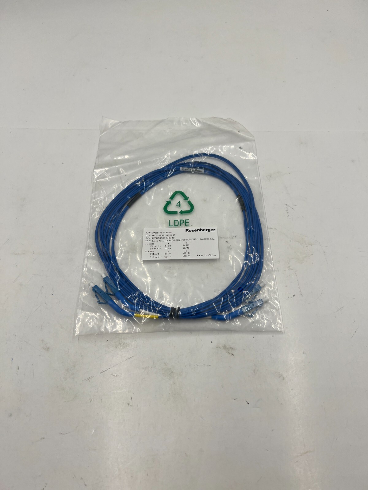 QTY 2 Rosenberger OEM Cable Assembly 1.6mm OFNR 3.5mm L98B-714-3500 Blue