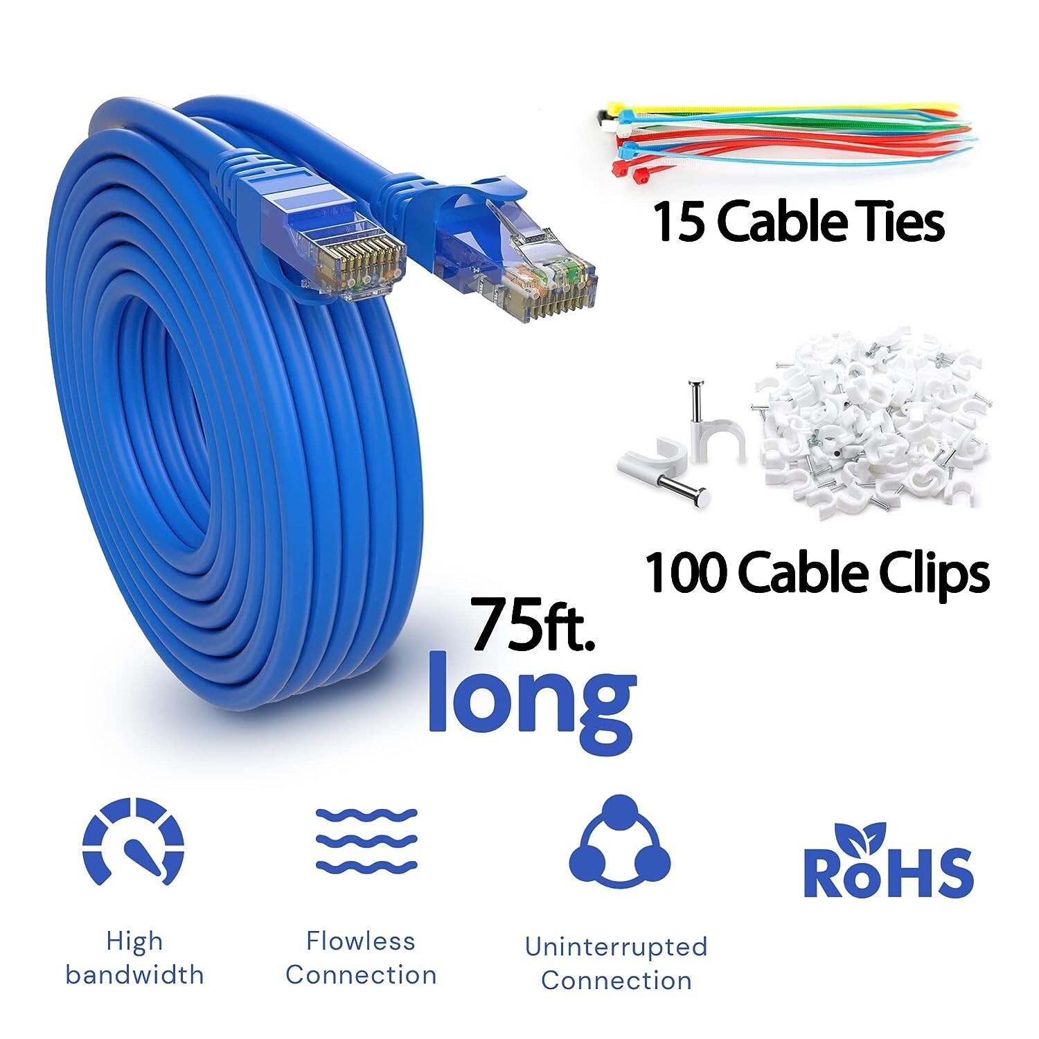 MAXLIM CABLE Cat6 Ethernet Cable for Gaming, 75ft Blue LAN Network Patch Cord