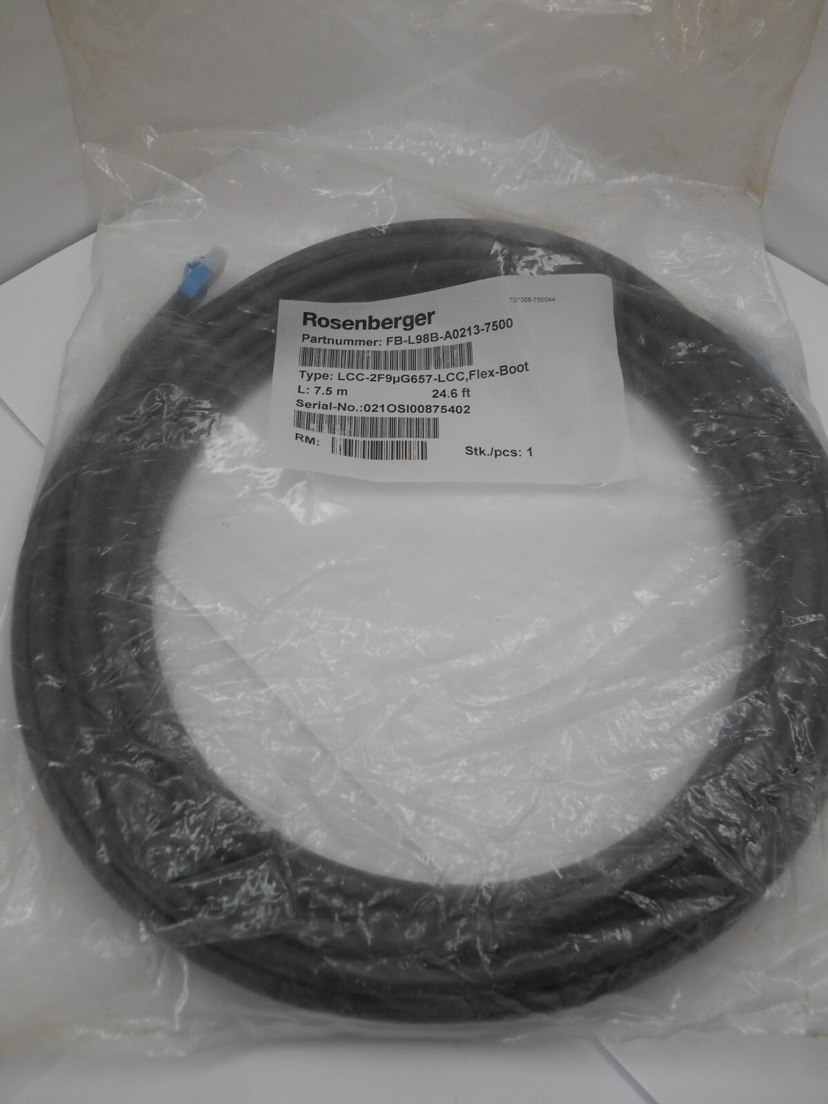 Rosenberger FB-L98B-A0213-7500, Fiber Jumper Cable 7.5M 24.6 ft LLC-2F9μG657-LCC