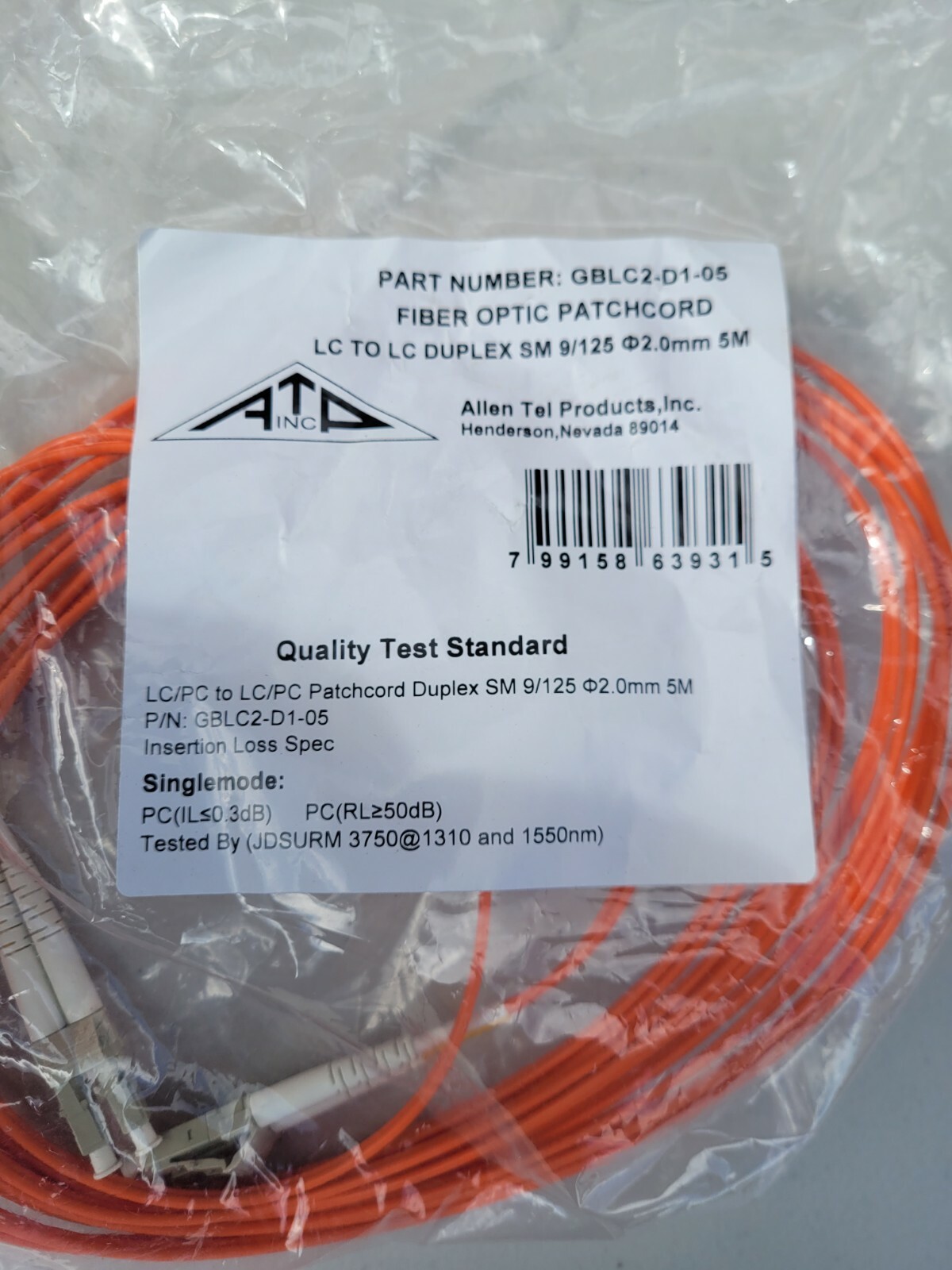 NEW ALLEN TEL GBLC2-D1-05 Singlemode Duplex LC to LC Fiber Optic Patch Cable 5 M