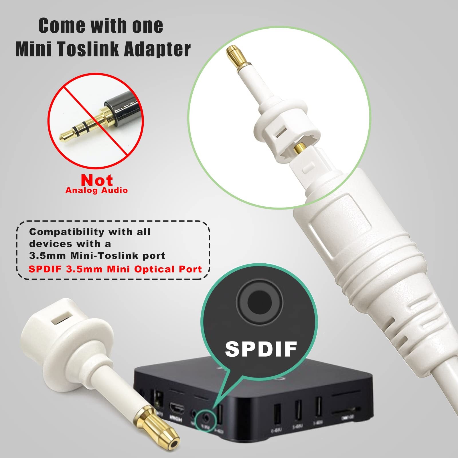10ft White Toslink Optical Audio Cable Thin Digital Fiber Optic Audio Cord For S