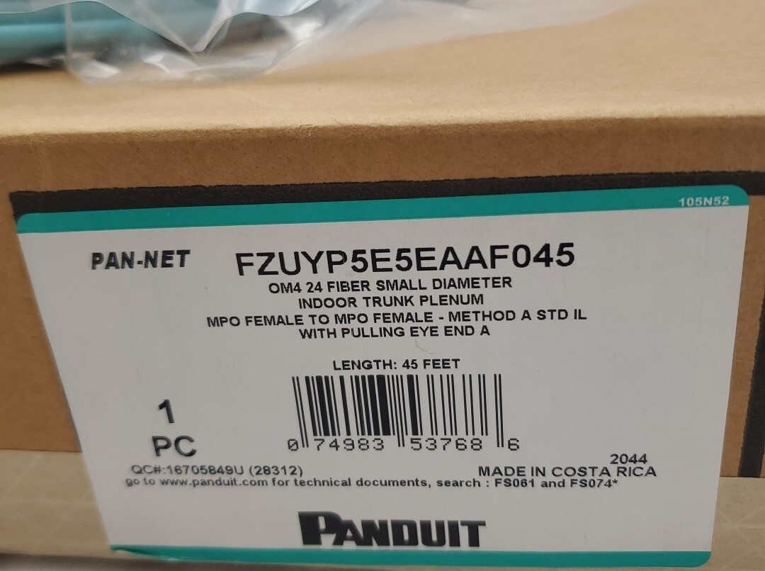 PANDUIT OM4 24 Fiber Sm Diameter Indoor Trunk MPO to MPO 45 Ft FZUYP5E5EAAF045