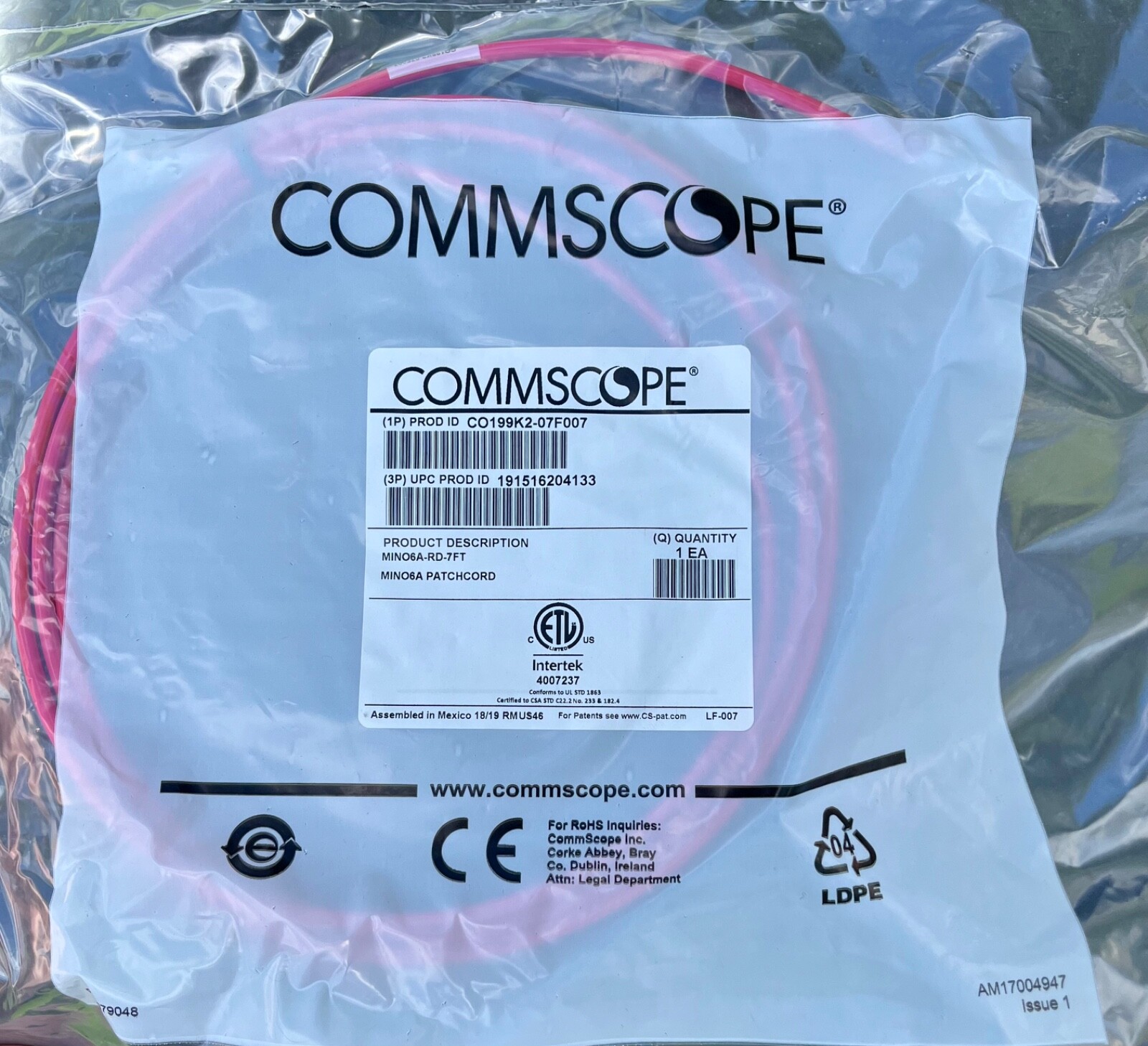 Commscope CO199K2-07F007 MINO6a Red 7ft Patch Cord Cable