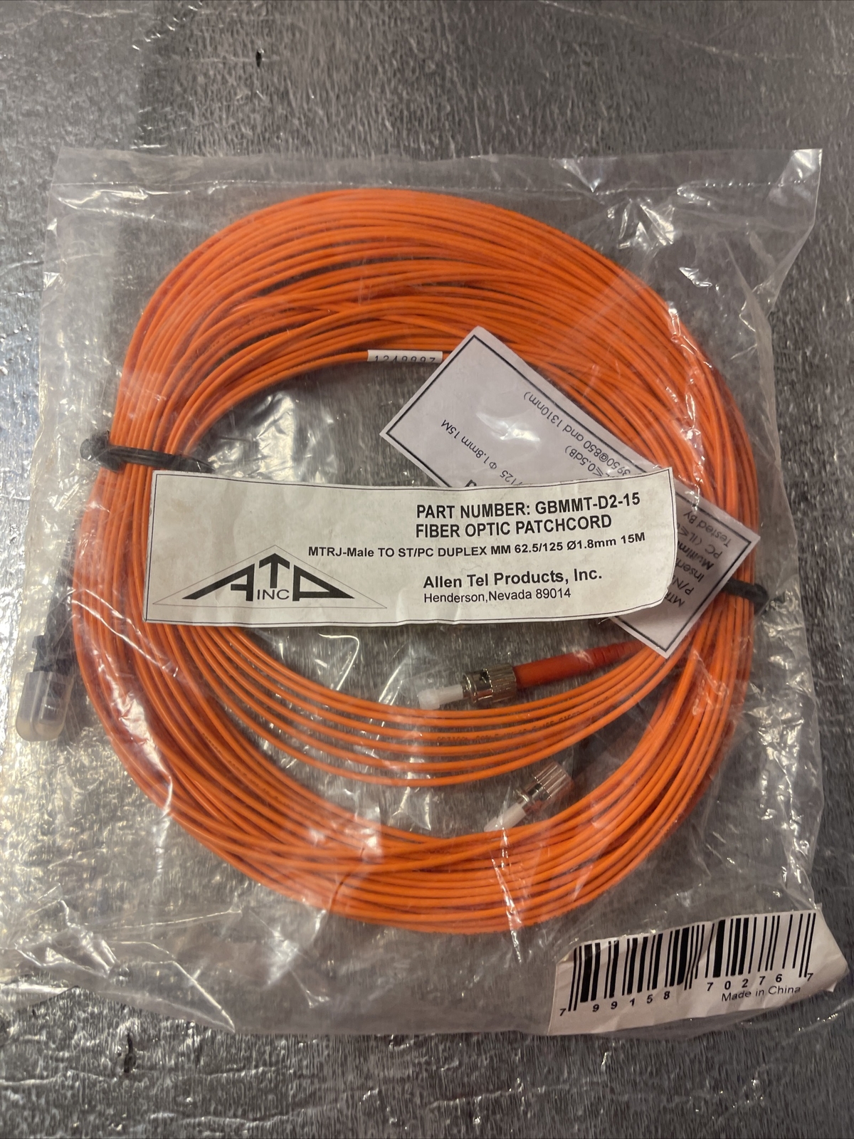 ALLEN TEL PRODUCTS GBMMT-D2-15 FIBER OPTIC PATCH CORD