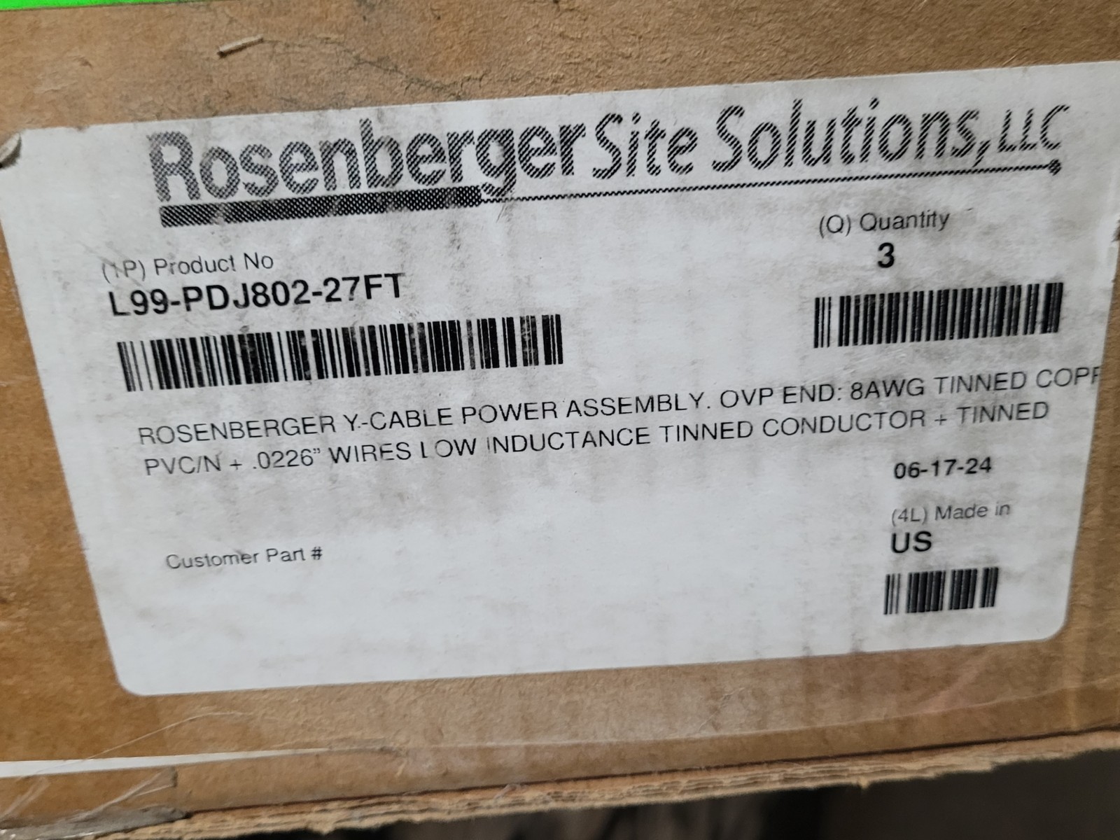 Rosenberger L99-PDJ802-27FT Y-Cable Power Assembly Brand New