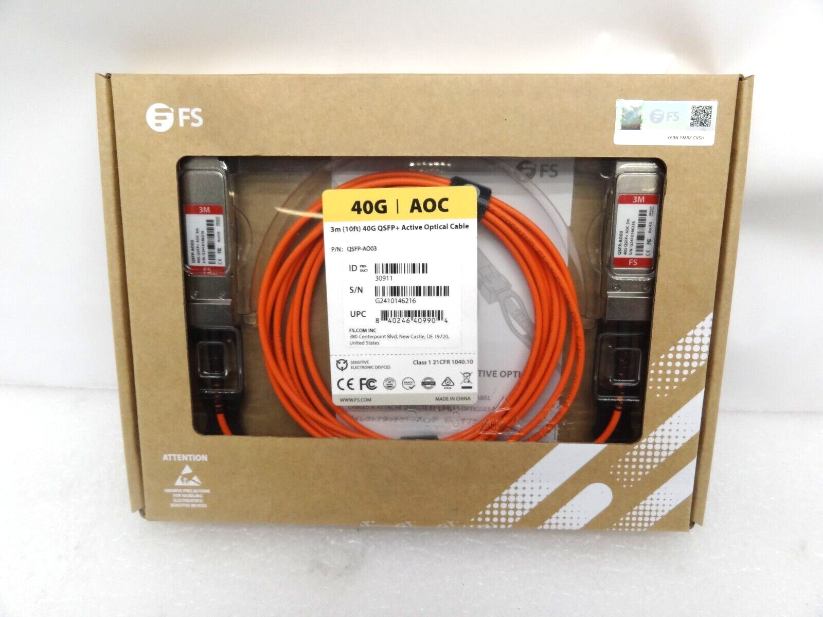 FS.com 3m (10ft) 40G QSFP+ Active Optical Cable QSFP-AO03 New T9-C4