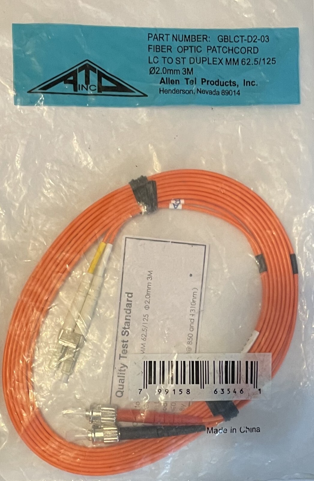 fiber patch cord 3meters LC TO ST DUPLEX MM 62.5/125 02.0mm 3m NEW