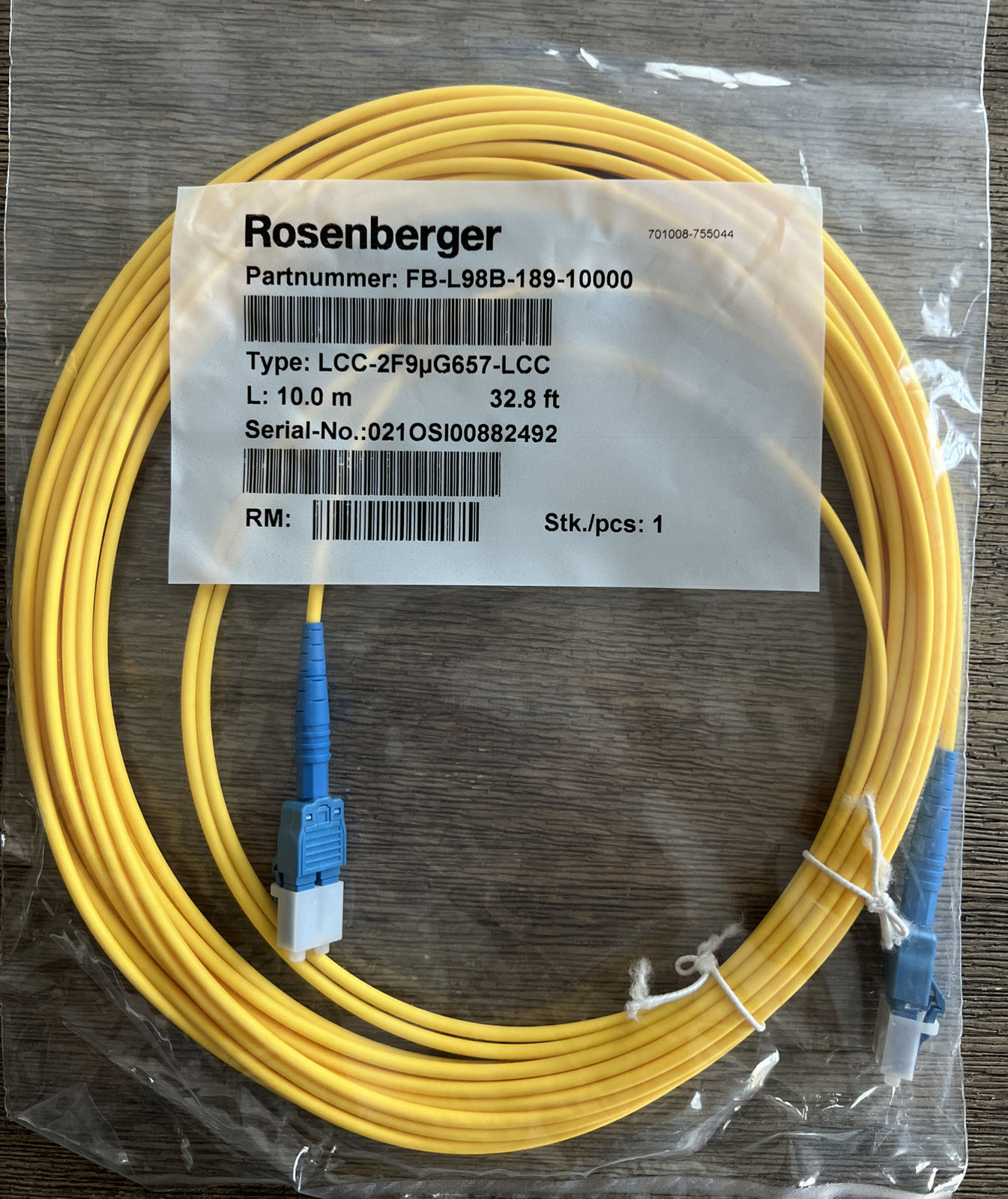 Rosenberger FB-L98B-189-10000. LCC-2F9uG657-LCC 10.0m 32.8ft Single Mode Fiber