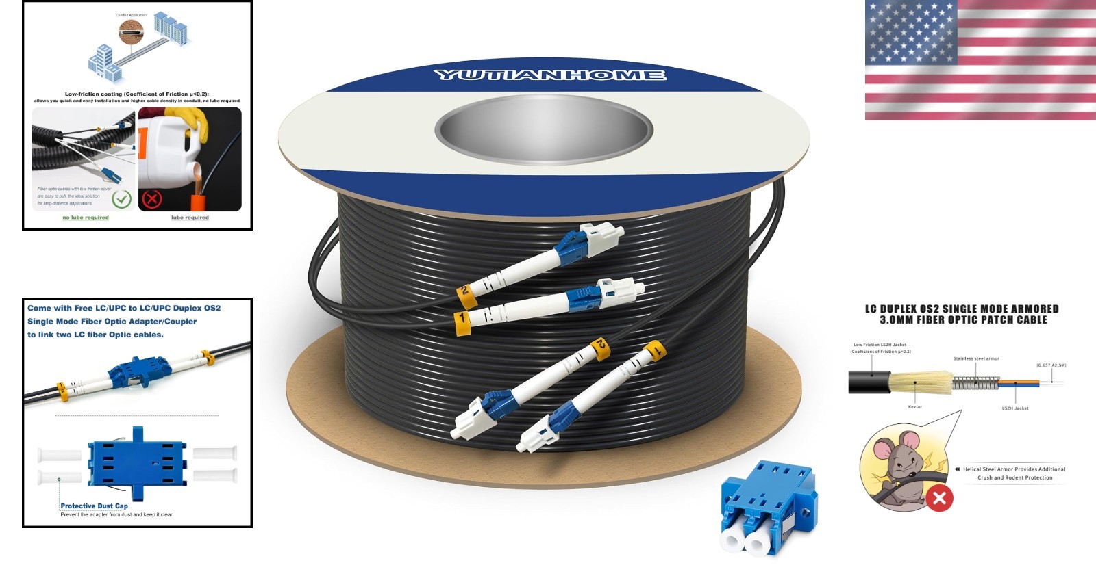 Black LC Fiber Cable, Weatherproof & Crush-Resistant