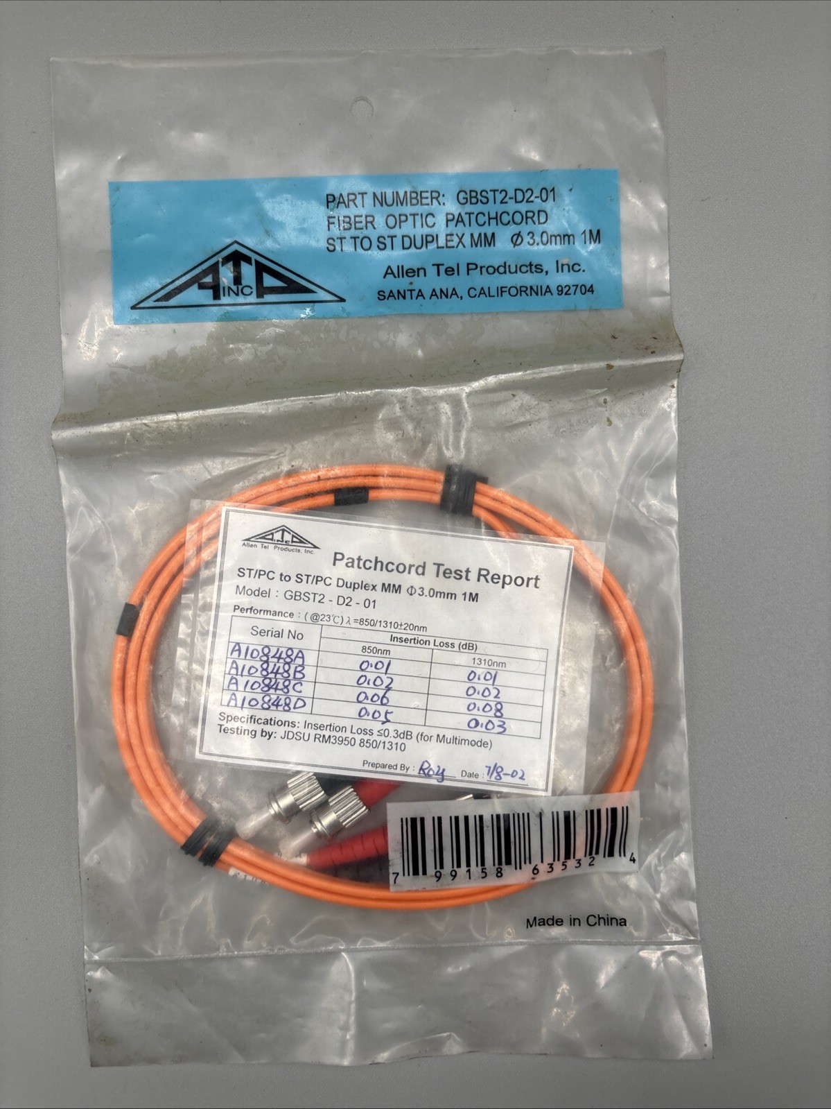 Allen Tel GBST2-D2-01 Fiber Optic Patch Cord ST To ST Duplex MM 3.0mm 1M NEW