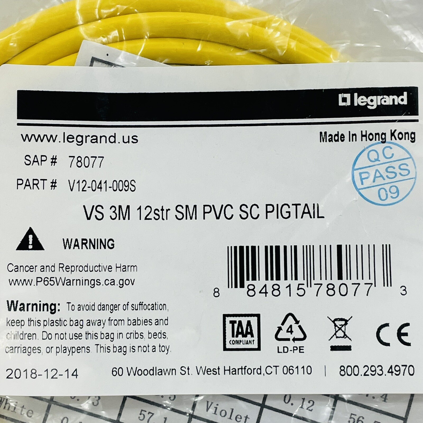 Legrand V12-041-009S Fiber Optic Patch Cable 3M 12 Strand SC Blunt SM ~NEW~
