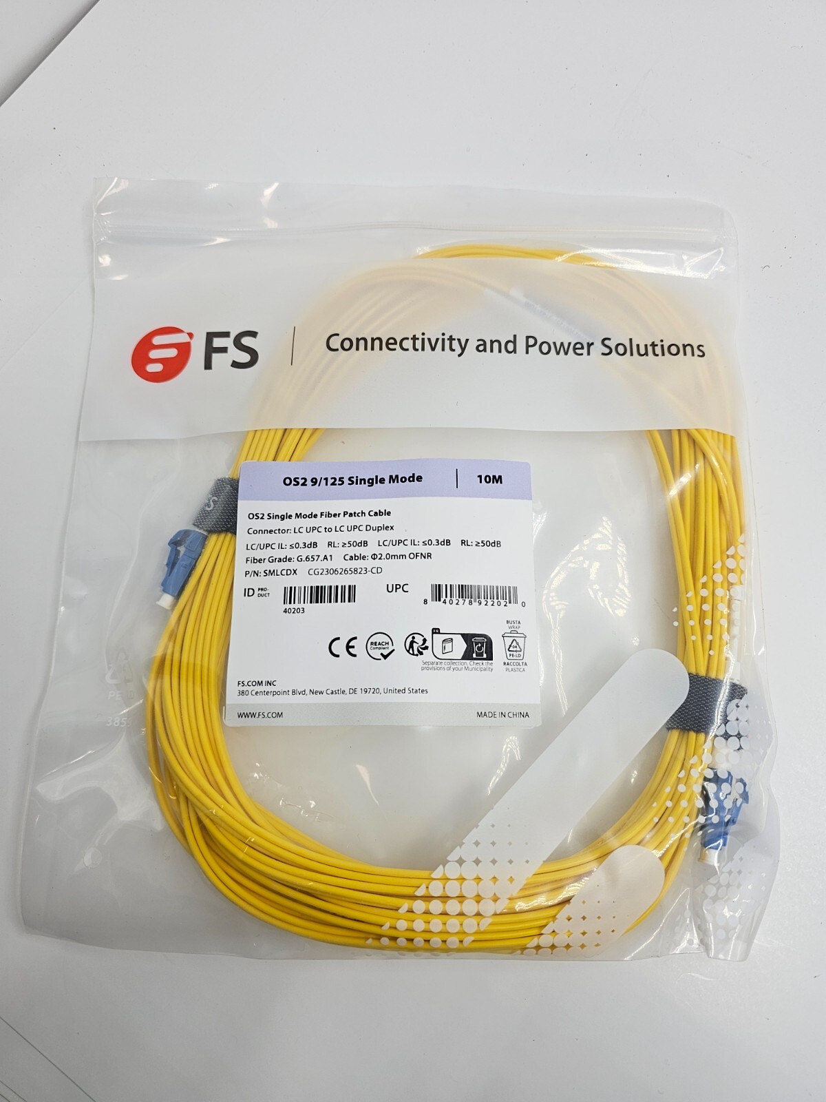(QTY 2) FS Single SMLCDX Mode Fiber Patch Cable 10M OS 9/125 Single Mode LC-LC