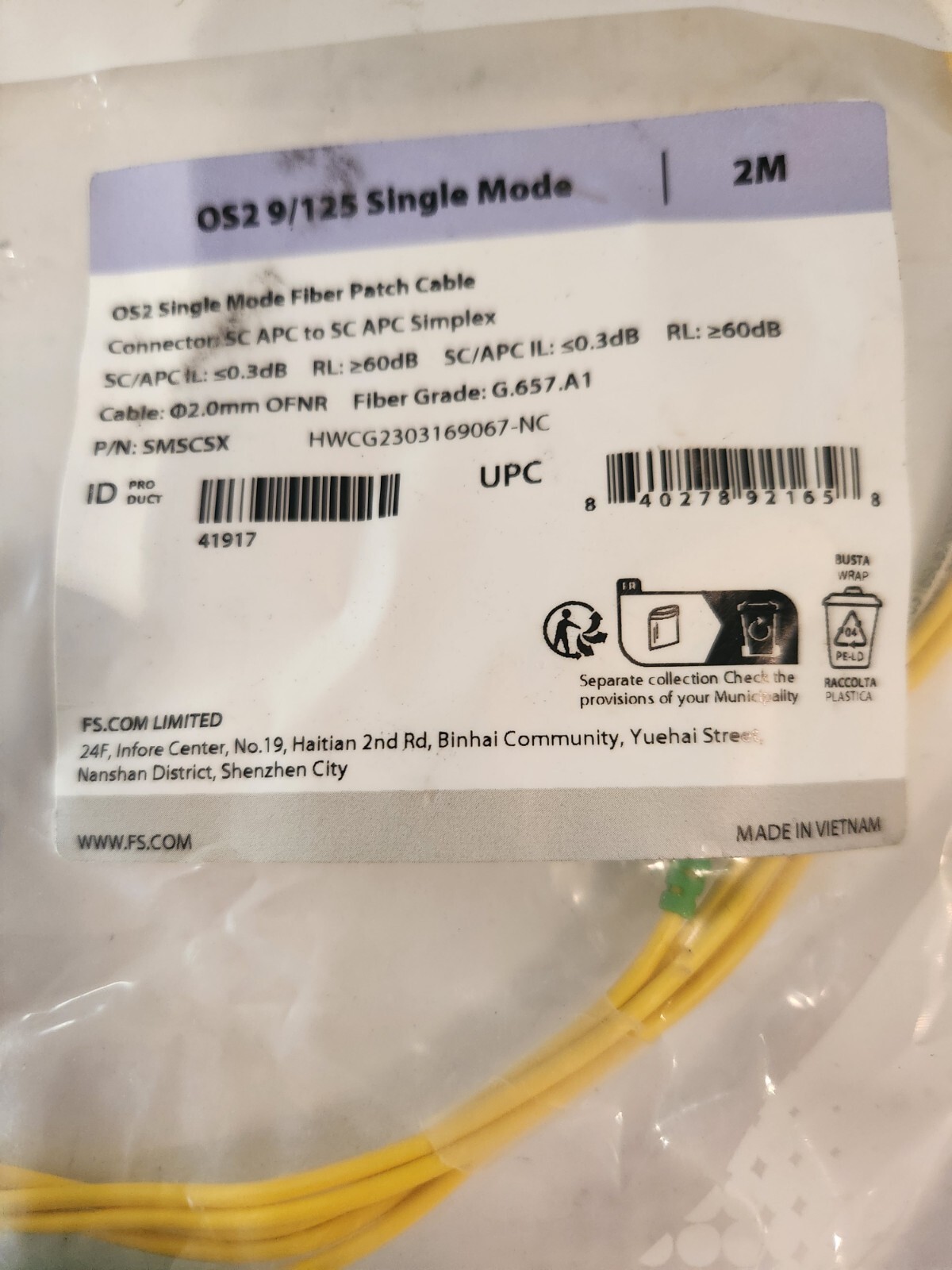 FS – SMSCSX – OS2 9/125 Single Mode Fiber Patch Cable