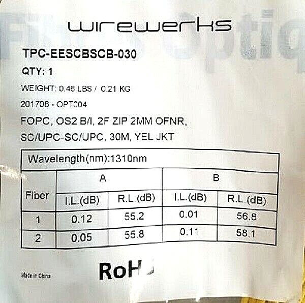 Wirewerks FOPC, Os2 B/I 2F 2mm OFNR, SC/UPC-SC/UPC, 30m,; Part #TPC-EESCBSCB-030