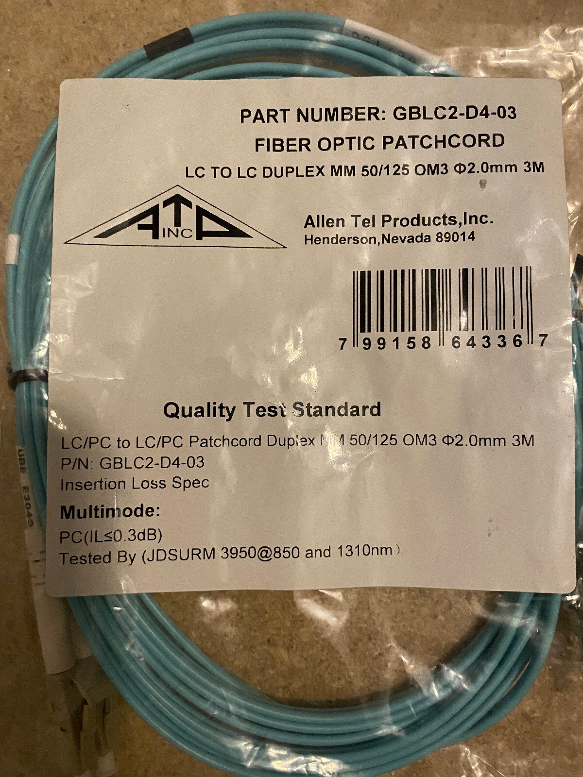 Allen Tel Products ATP 7M LC-LC Patchcord Duplex MM 50/125 OM4 (GBLC2-D5-07)